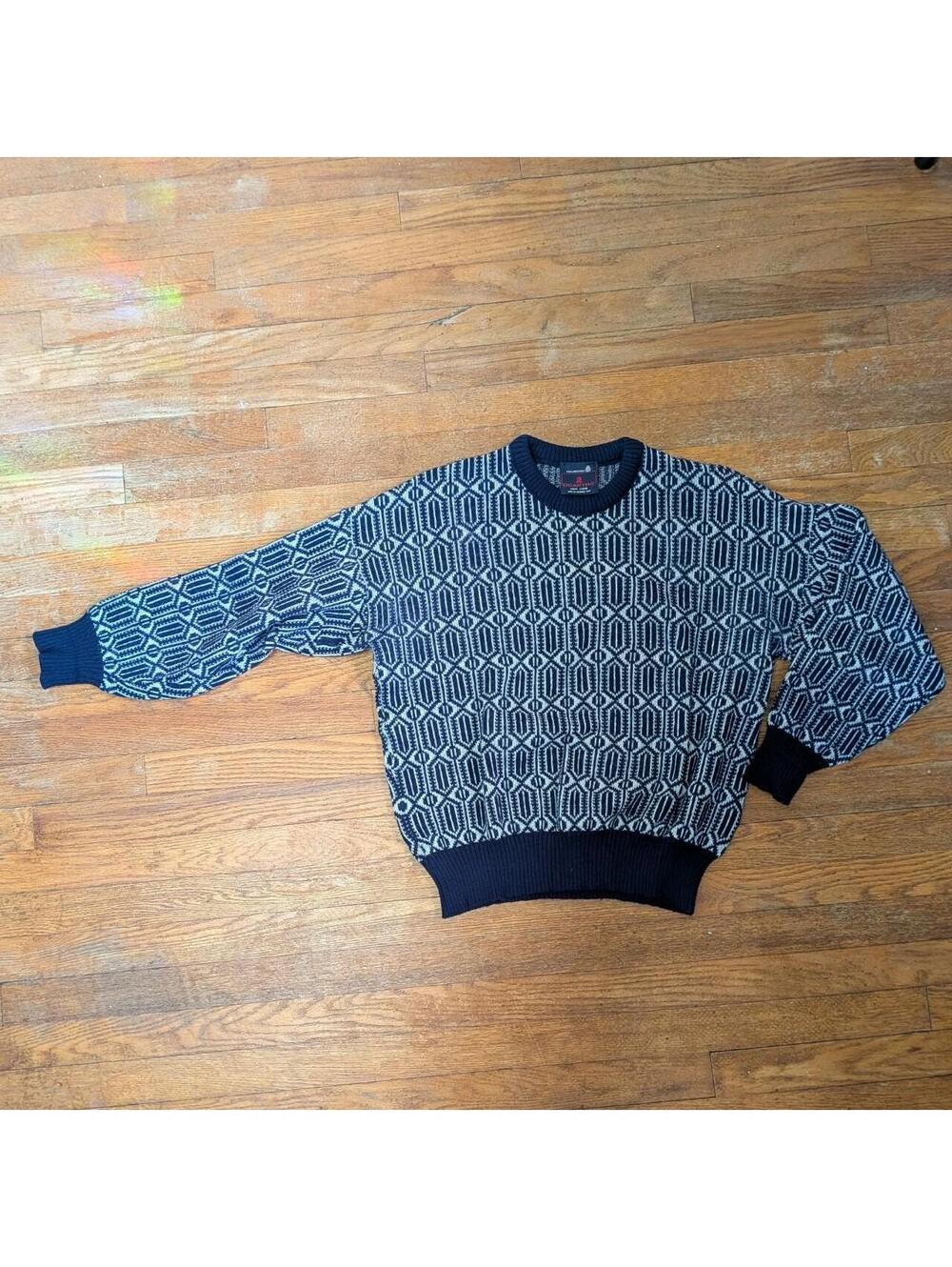 Vintage 70s Navy Cream Geometric Wool Ski Sweater Grandpa Sweater Mens Size L